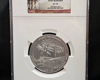 2013-P Fort McHenry Maryland 5 Ounce Silver America The Beautiful 25 Cent Bullion, NGC SP70 
