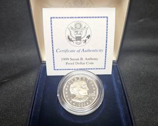 US 1935E & 1957A One Dollar Silver Certificates & 1999 US Susan B. Anthony Proof Dollar Coin With Certificate Of Authenticity, And Presentation Box