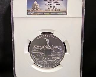 2011-P Gettysburg Pennsylvania 5 Ounce Silver America The Beautiful 25 Cent Bullion, NGC SP69, Early Releases