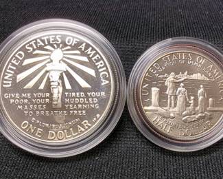 1986 US Liberty Silver Dollar Proof And Half Dollar Proof Coins, Including Certificates Of Authenticity And Felt Lined Presentation Box