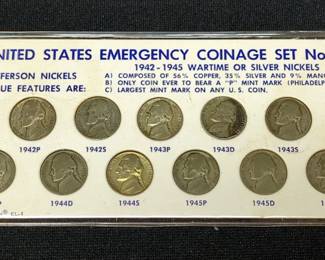 United States Emergency Coinage Set No. 1 Jefferson Silver Wartime Nickels, Qty 11