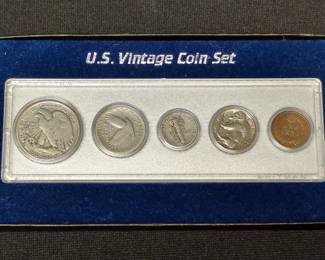 1942 Walking Liberty Silver Half Dollar, 1927 Standing Liberty Silver Quarter, 1943 Silver Mercury Dime, 1937 Buffalo Nickel And 1908 Indian Head Cent 