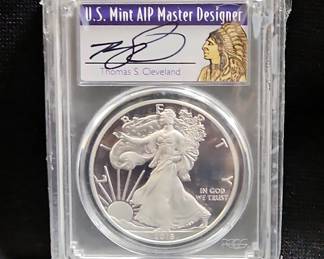 2018-P United States Deep Cameo Silver Eagle 1 Ounce Fine Silver $1 Coin, PCGS PR70DCAM, Signed Thomas S. Cleveland US Mint AIP Master Designer