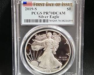 2019-S United States Deep Cameo Silver Eagle 1 Ounce Fine Silver $1 Coin, PCGS PR70DCAM, First Day Of Issue
