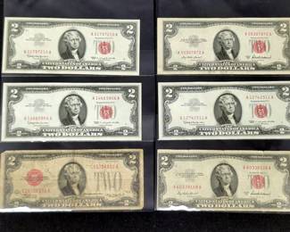 United States Red Seal $2 Dollar Bills, Qty 6, Dated 1928D, 1953A, & 1963