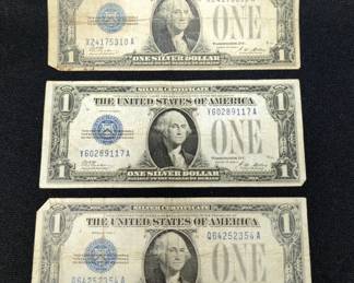 1928 US Blue Seal One Dollar Silver Certificates, Qty 3