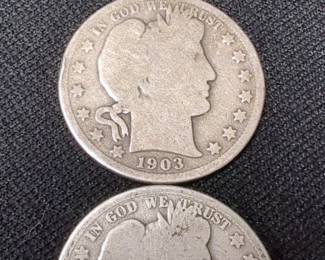US Silver Barber Half Dollars, Qty 3, Dated 1902-O, 1903-O, & 1906-D