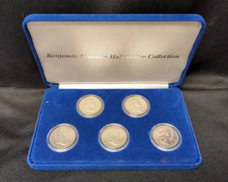 US Benjamin Franklin Half Dollar Coin Collection Including Certificate Of Authenticity And Felt Presentation Box, Dates Included 1954-D, 1958-D, 1960-D, 1962-D, & 1963-D