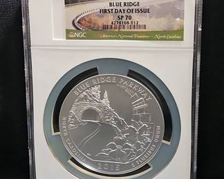 2015-P Blue Ridge Parkway North Carolina 5 Ounce Silver American The Beautiful 25 Cent Bullion, NGC SP70 First Day Of Issue