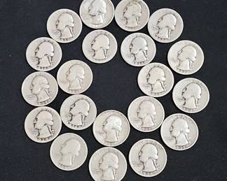 US Silver Washington Quarters, Qty 20, Dates Range 1934 Through 1939