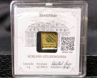 Geiger Premium Germany 1 Gram 999.9 Fine Gold Bar, Certificate #B0475642 
