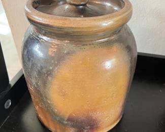 Brown Glazed Pottery Crock with Lid