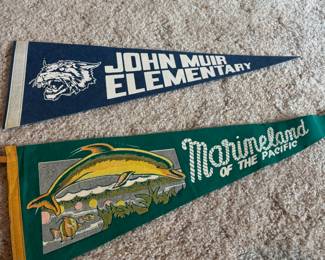 John Muir Elementary Blue Felt Pennant Flag, 1950's Marineland of the Pacific Felt Pennant Flag