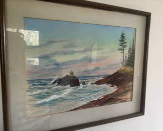 Framed & Matted Soft Pastel Painting of Shoreline by L.W. Leskinen