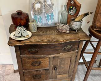 Beaded Moccasins with a Possible Arapaho Origin, Victorian Oak Washstand, Turned Wooden Bowl with Lid, Victorian Hood's Sarsaparilla Cupid Crock, Cast Iron SSS For the Blood Medicine Ball String Holder, Cow Drinking Horn