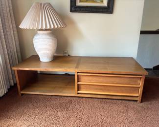 Mid Century Danish Style Coffee Table, White Textured Ceramic Table Lamp with Pleated Shade