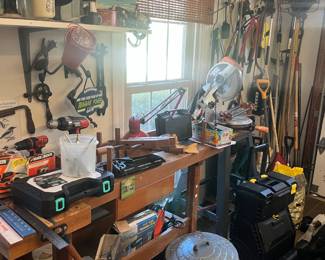 Antique Farm Tools and woodworking table