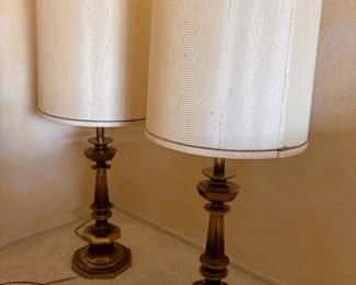 Set of vintage brass table lamps with original shades! These are gorgeous and work perfectly 