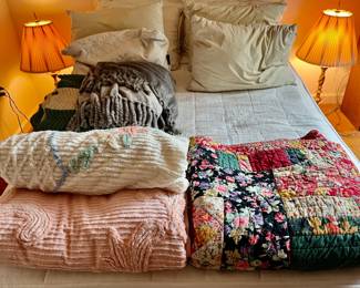 Quilt (made in India), 2 vintage chenille bedspreads, crochet afghan, Nordstrom throw