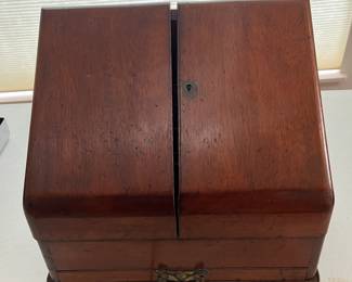Antique English mahogany writing desk/organizer + ink bottles