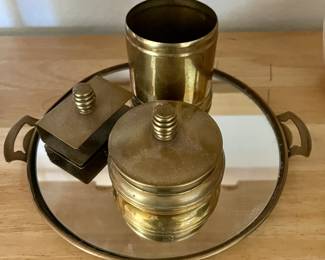 Brass smoking set: cigarette holder, matches holder, lidded ashtray