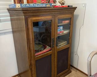 Cabinet for speakers below, originally a stereo center, but great extra storage for kids room, craft supplies, etc. and priced to go home with you, a couple extra glass tops if you can use them do not seem to fit anything here, most already have their glass tops, great protection for finishes from sun and or spills measures 19 deep x 32” wide x 44” tall