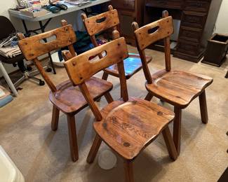 Set four rustic style wood chairs