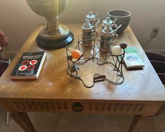Mini steins, metal sculpture with ping pong balls, see table top detail of wood