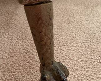 Detail of antique glass ball and claw foot, this is the real deal antique stool with updating of finish details