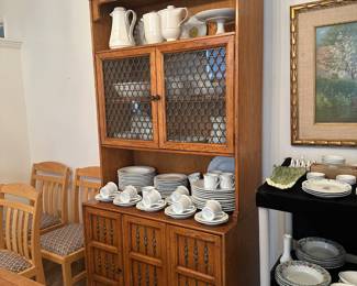 China cabinet with applied metal woven glass doors, excellent quality, braced together but top will remove from base for moving measures 36” wide x 80 high