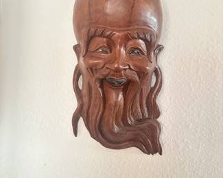 Life size hand carved wood mask wall hanging of Asian character