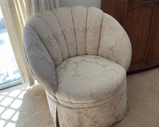 Shell back Channel back damask upholstered chair on rollers comfortable extra seating with small footprint measures 27” wide x 29” tall