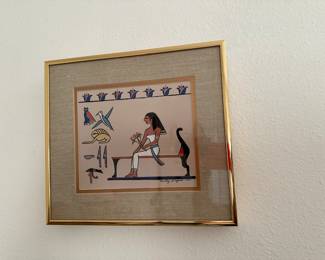 Original wall art of Egyptian lady on bench approximately 11 x 10