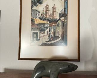 Inuit Polar Bear stone carving, European wall art street scene measures 15 x 18”