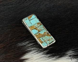 98  Native American Navajo 8 Turquoise Cornrow Inlay Money Clip, 20.23g 
