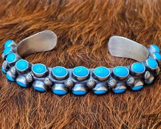 92  OLD PAWN form the 1960s Native American Sterling Silver Turquoise Star Cuff, 69.54g 