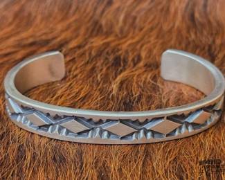 94  Native American Sterling Silver Diamond Design Mens Cuff, 54g 