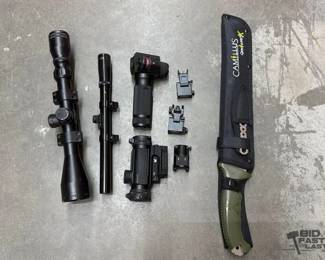 2608  3 Rifle Scopes, 2 Light Attachments  1 Knife 