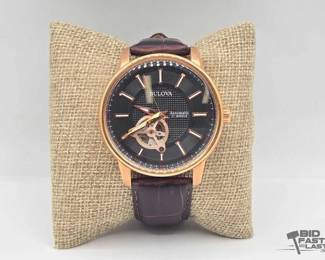 104  AUTHENTIC Bulova Classic Mens Automatic Brown Leather Strap Watch 