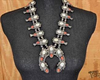 90  Native American Sterling Silver Navajo Coral MOP Squash Blossom, 236.7g 