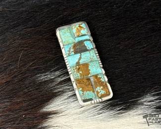 96  Native American Navajo 8 Turquoise Cornrow Inlay Money Clip, 20.63g 