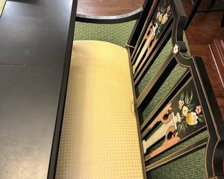 C42 - $350. Black Dining Room Table with 5 Chairs & Bench. With Leaf  in Table measures 62" long x 42" wide x 30" tall. (Leaf if 20") Without leaf table is 42" square.  Very Sturdy! Minor marks on the top from use. 