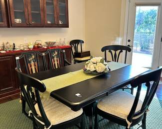 C42 - $350. Black Dining Room Table with 5 Chairs & Bench. With Leaf  in Table measures 62" long x 42" wide x 30" tall. (Leaf if 20") Without leaf table is 42" square.  Very Sturdy! Minor marks on the top from use. 