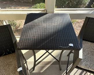 C18 - $125. 3 Pc. Bistro Set. Table is 29" square x 40" tall. Chairs are 21.5" wide x 19.5" deep x 44" tall. Floor to Seat is 29". 