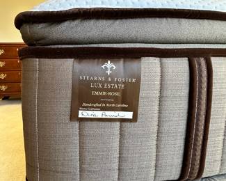 C15 - $225. Queen Size Headboard. NO FRAME. Bed is on the floor with decorative upholstered headboard. Measures 62" wide x 86" long x 63" tall. Clean Mattress & Box Springs Included if you want them. Stearns & Foster Lux Estate Emmie-Rose Collection. 