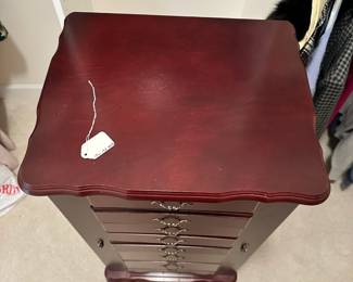 C20 - $60. Stand up Jewelry Box. Measures 18" wide x 15" deep x 40.5" tall. Missing Bottom Drawer Pull. 