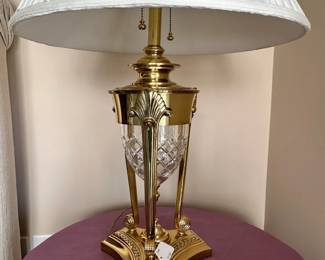 C11 - $75. Heavy Crystal & Brass Table Lamp. Measures 32" tall. 
