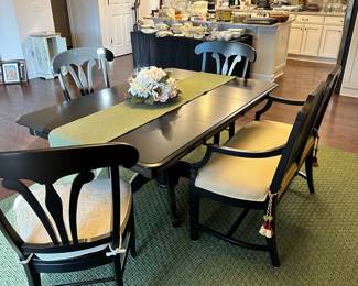 C42 - $350. Black Dining Room Table with 5 Chairs & Bench. With Leaf  in Table measures 62" long x 42" wide x 30" tall. (Leaf if 20") Without leaf table is 42" square.  Very Sturdy! Minor marks on the top from use. 