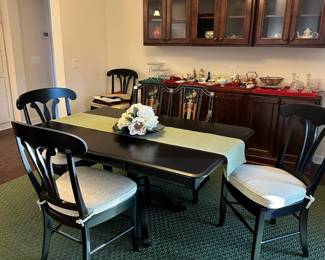 C42 - $350. Black Dining Room Table with 5 Chairs & Bench. With Leaf  in Table measures 62" long x 42" wide x 30" tall. (Leaf if 20") Without leaf table is 42" square.  Very Sturdy! Minor marks on the top from use. 
