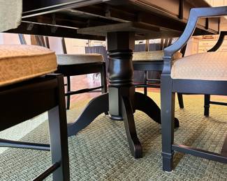 C42 - $350. Black Dining Room Table with 5 Chairs & Bench. With Leaf  in Table measures 62" long x 42" wide x 30" tall. (Leaf if 20") Without leaf table is 42" square.  Very Sturdy! Minor marks on the top from use. 